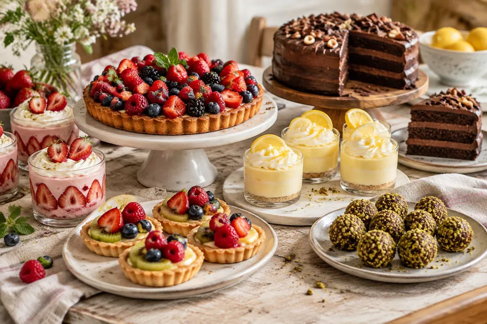 Colorful homemade desserts with fruit and chocolate