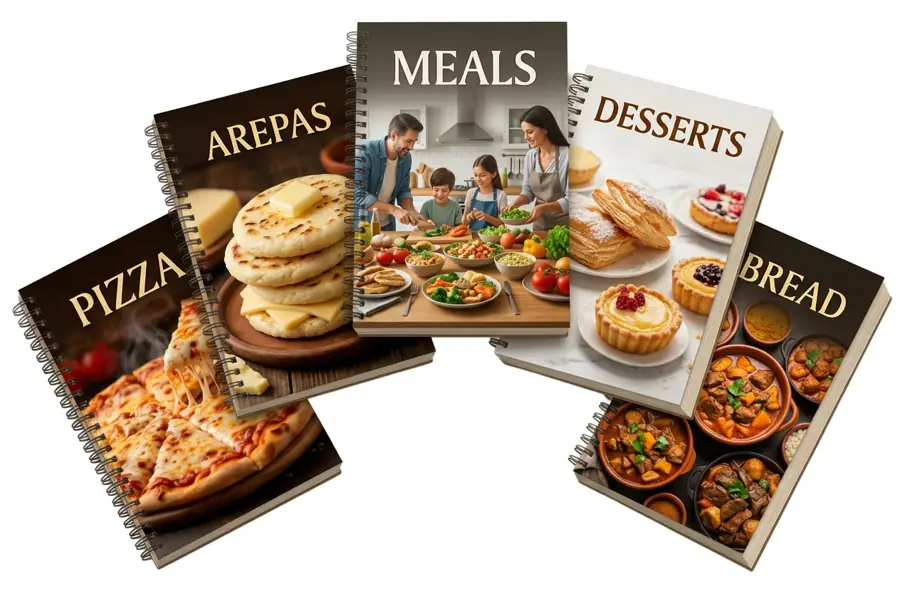 Printed recipe books with pizza, arepas, meals, and desserts