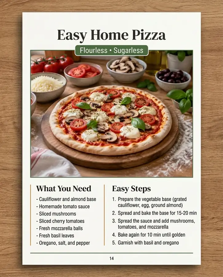 A healthy pizza recipe page with foods and steps